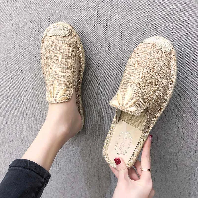Chinese Flower Embroider Shoes Woman Hemp Canvas Flats Shoes Ladies Espadrilles Loafers Round Toe Cotton Moccasins Shoe Walking