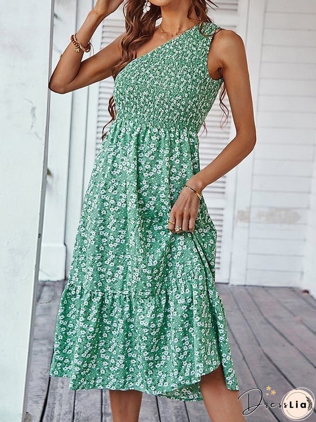 Women's Dresses Sloping Shoulder Floral Print Midi Dress