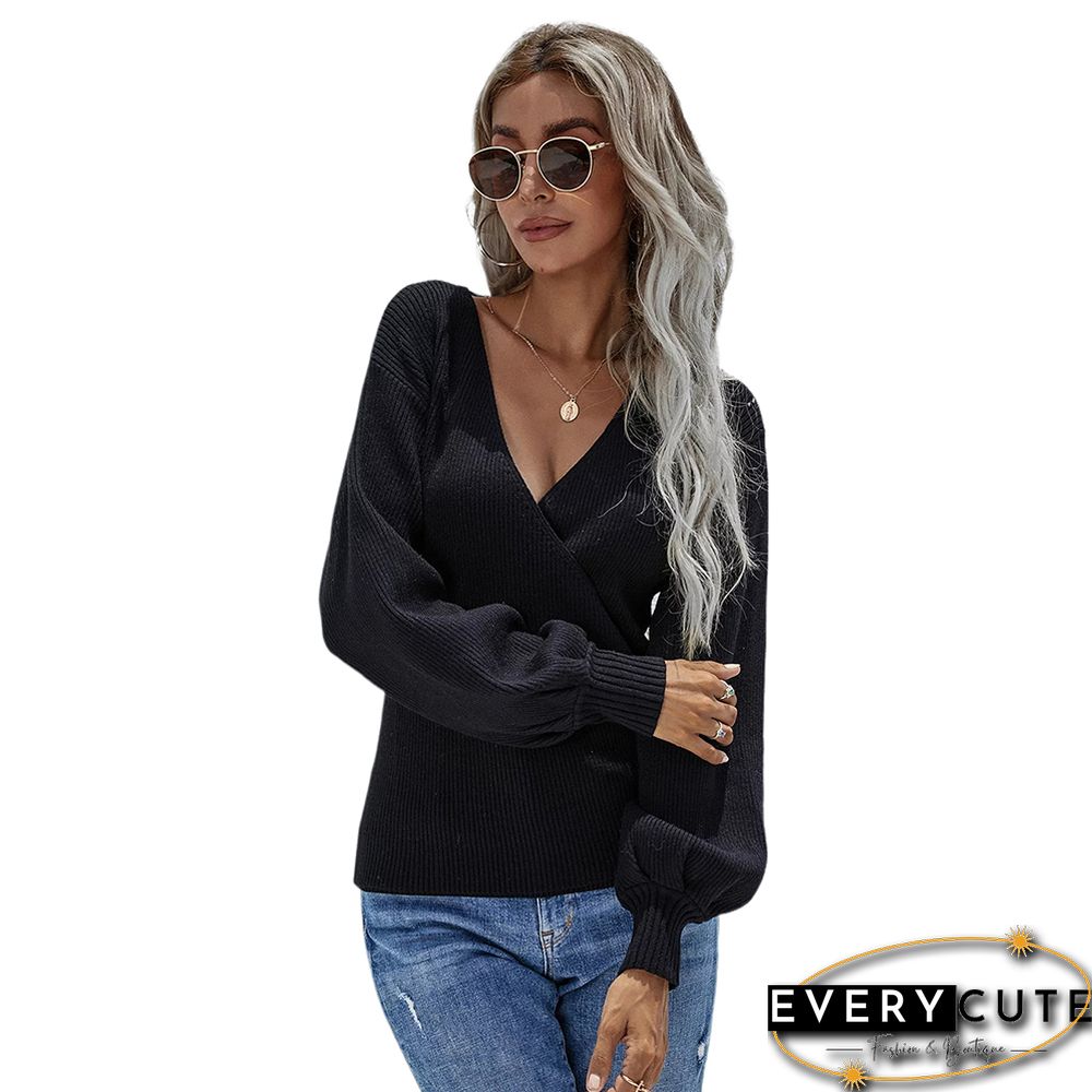 Black Cross V Neck Knitted Pullover Sweater