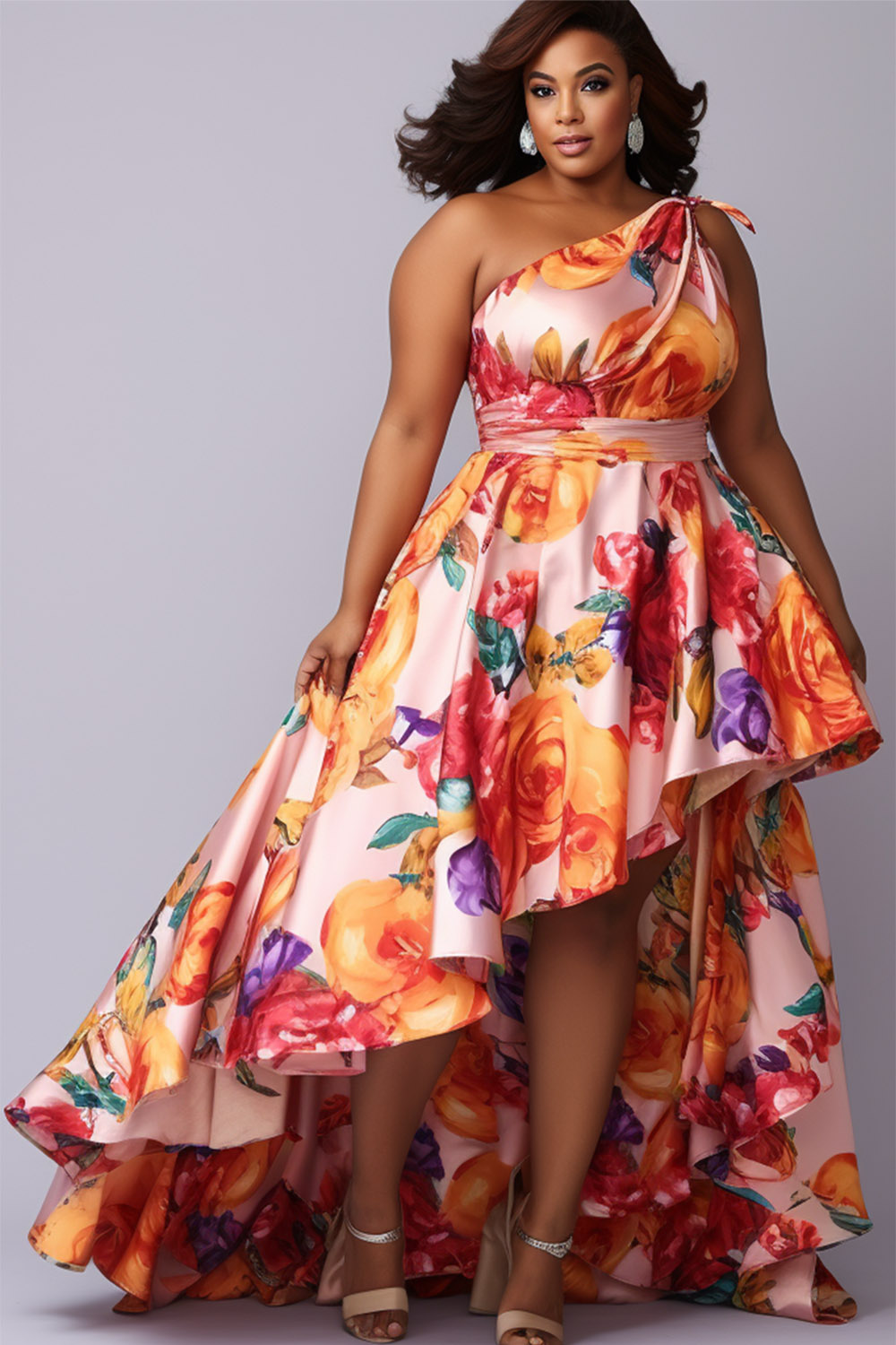Design Plus Size Vacation Elegant Multicolor Floral Oblique Collar One Shoulder Asymmetric Hem Knitted Maxi Dresses [Pre-Order]