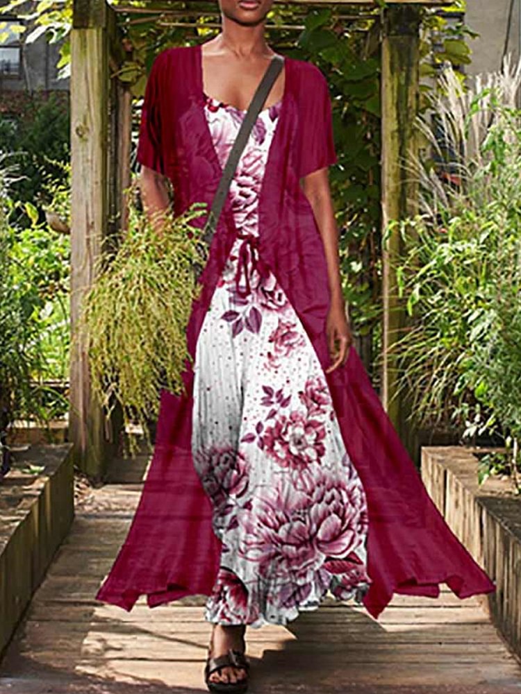 Casual Loose Floral Print Suit Short Sleeve Maxi Dress