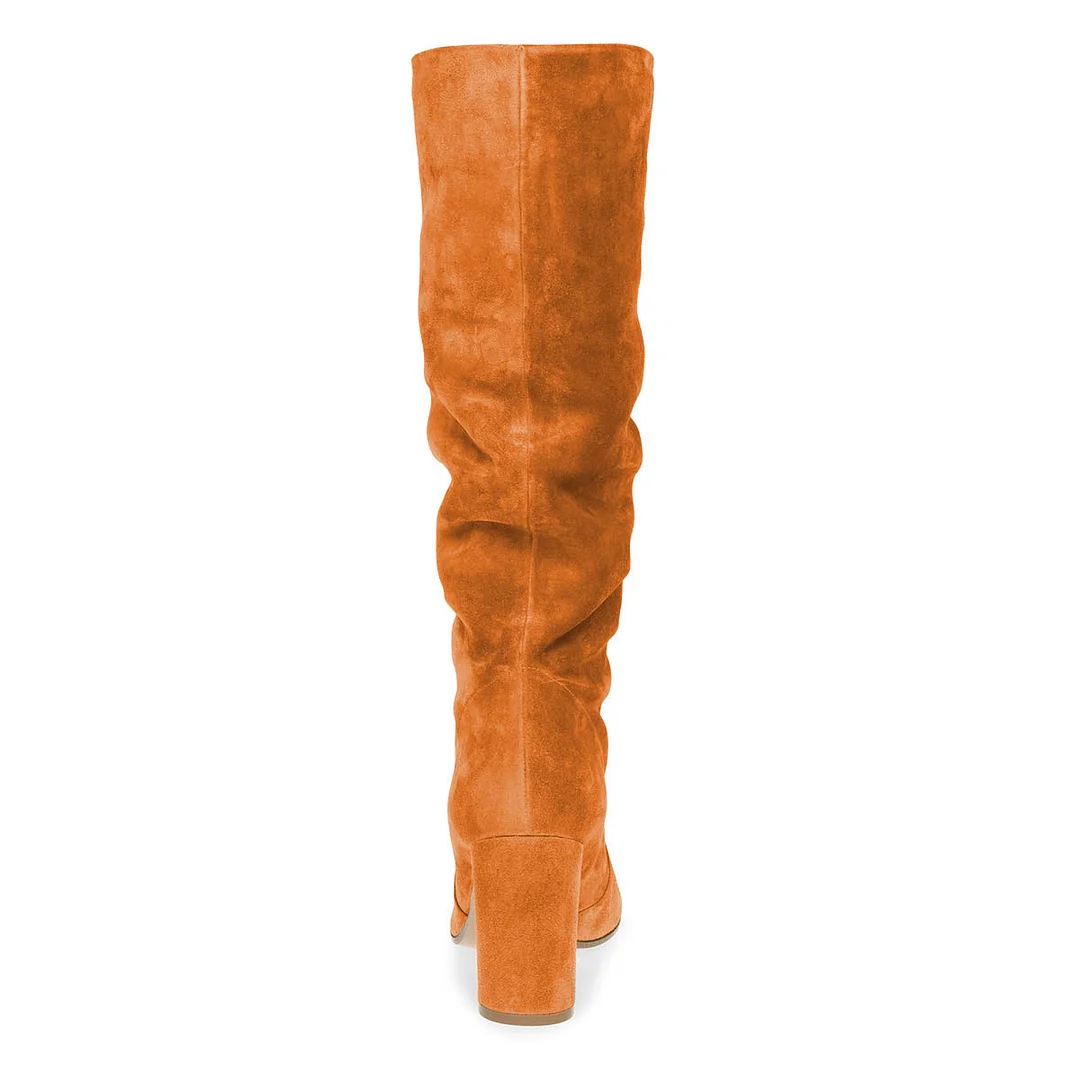 YDN Simple Orange Chunky Heel Round Toe Pull-On Slouch Tall Boots