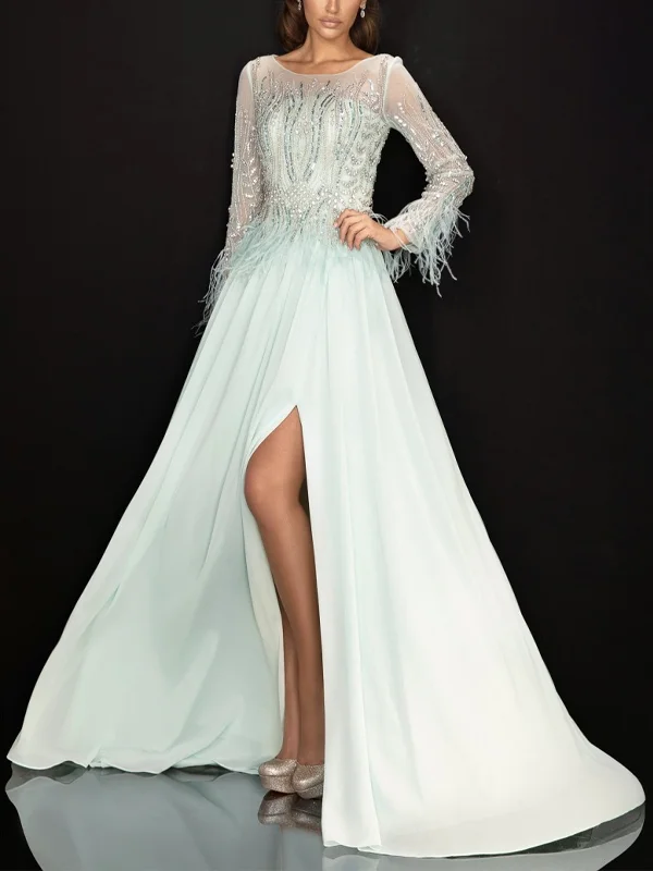 Round Neck Sequined Solid Color Long Sleeves Maxi Dress