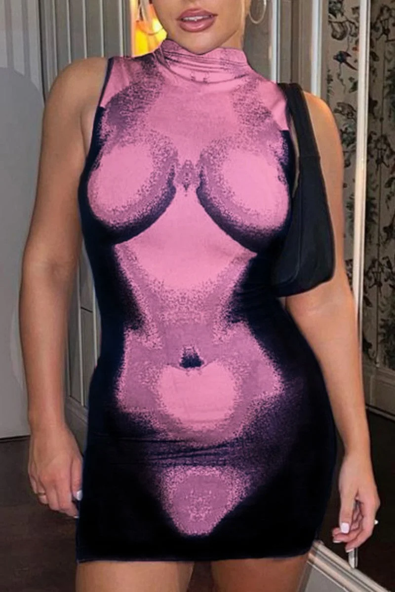 Sexy Print Basic Turtleneck Sleeveless Dress Dresses