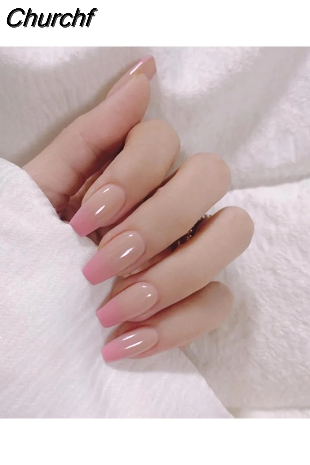 Churchf French Ballerina Fake Nail Pink Gradeint Natural Coffin False Nails Wholesale Nails Supplier Manicure Tool 24pcs/Box-Nail Inspo