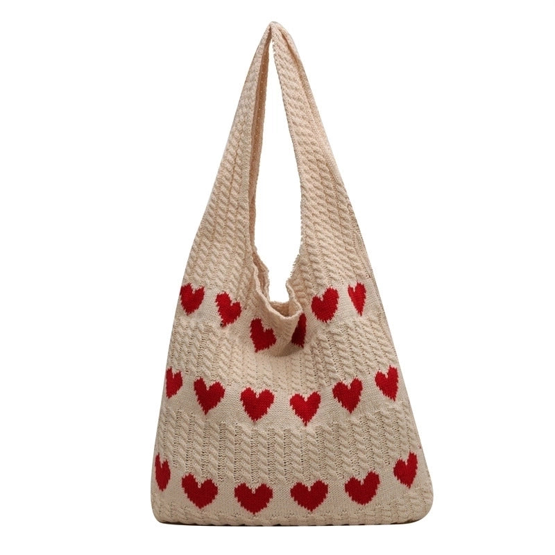 Women’s Medium Knit Heart Shape Basic Classic Style Bucket Open Shoulder Bag