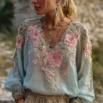 Pink Floral Glitter Diamonds Beaded Flowy Linen Tunic - Image 2