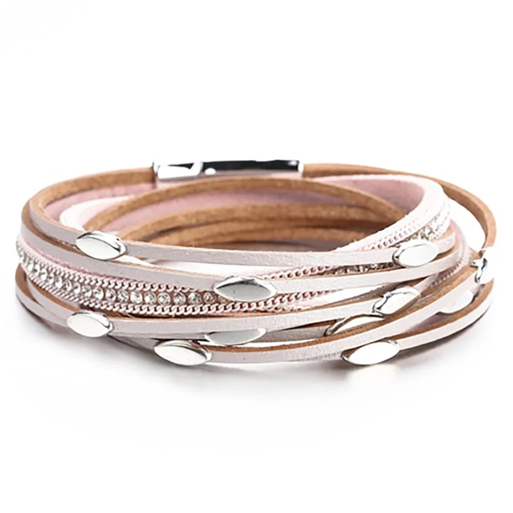 Bohemian Style Multi Layer Leather Wrap Bracelets With Leaf Charm Crystals