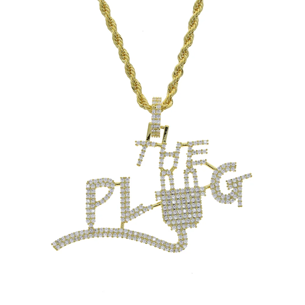 The Plug Letter Pendant Necklace Iced Out Bling Zircon Hip Hop Jewelry-VESSFUL
