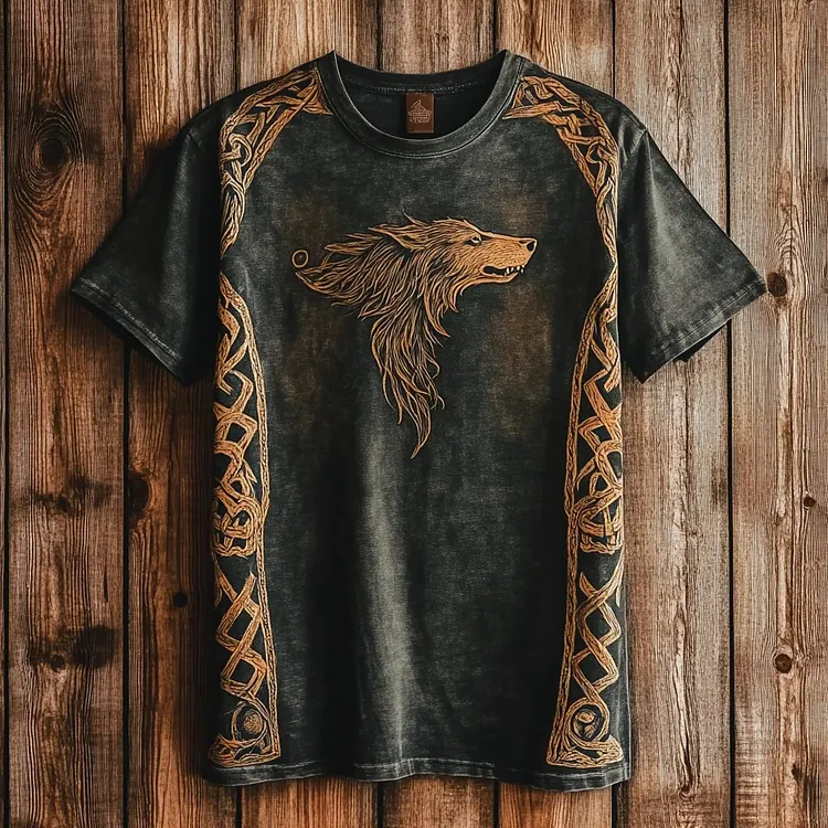 Men's Retro Celtic Wolf And Celtic Knot Print T-shirt