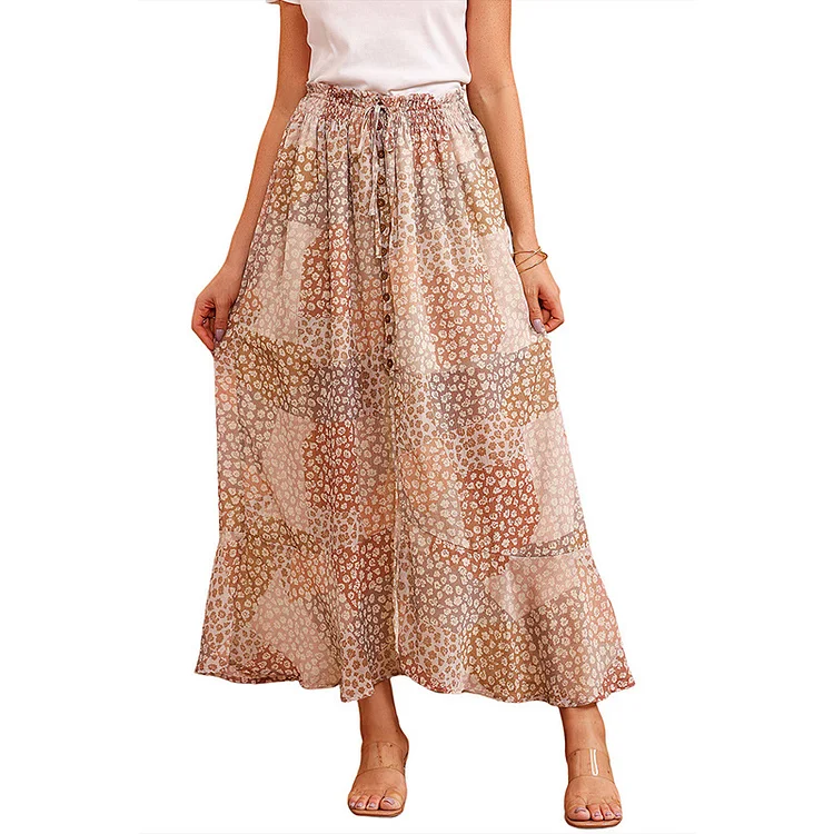Women's Apricot Bohemian Floral Print Pumped Pleated Waist Button Slit Skirt
