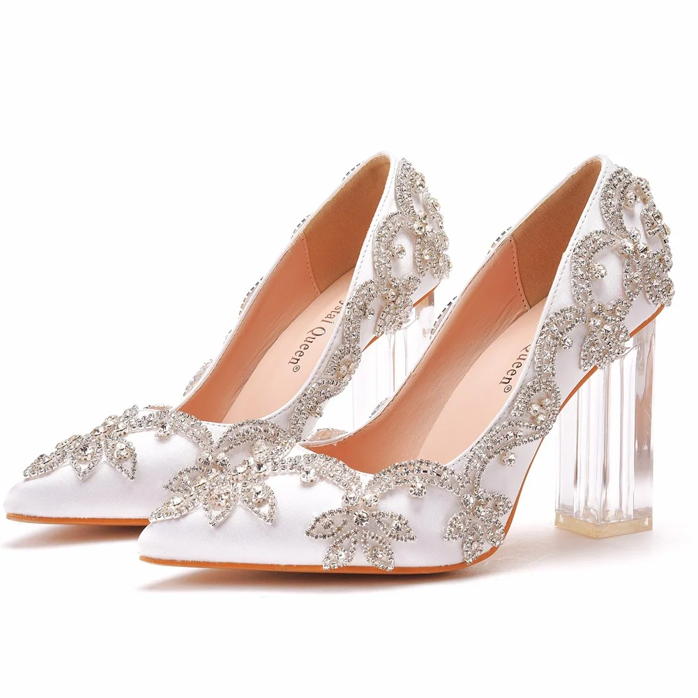 Breakj Breakj Cm Thick Heel Crystal Transparent Square Tip Single Shoe Bridal Silk Satin Cloth Diamond Skirt Wedding Shoes