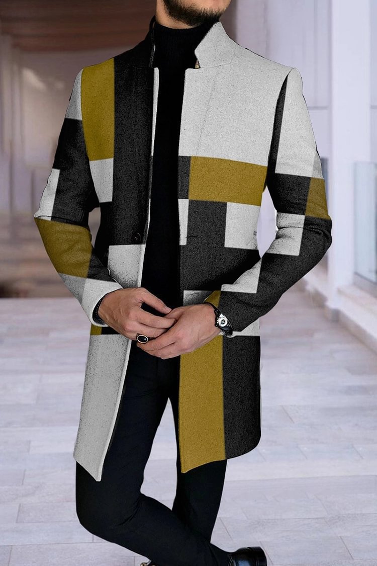 Tiboyz Men's Abstract Geometric Stand-Up Collar Tweed Coat