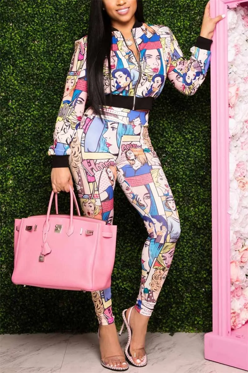 Fashion Zipper Collar Printed Two Piece