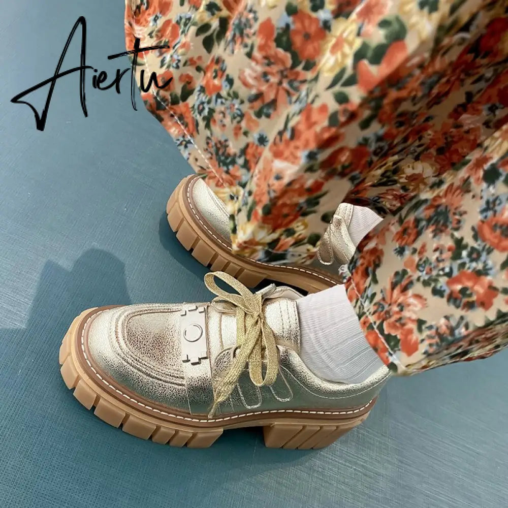New Fashion Casual Shoes Women Pumps Genuine Leather Footwear Lace Up Gold Silver Punk Square Heel Platform Shoes Women Aiertu