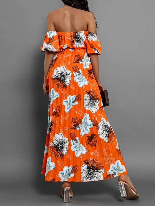 A-Line Loose Elastic Flower Print Pleated Split-Joint Tied Waist Off ...