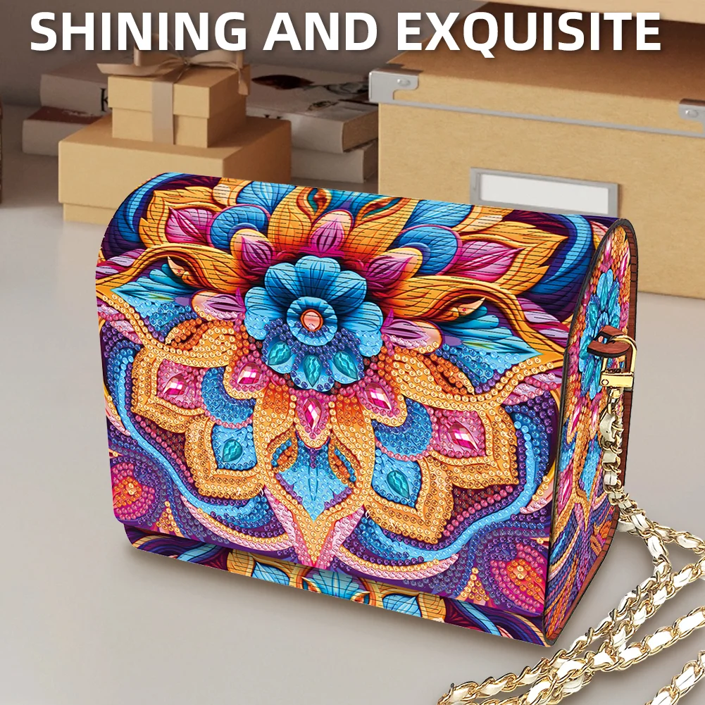 DIY Mandala Diamond Art Wooden Coin Pouch with Chain 5D Diamond Painting Purse