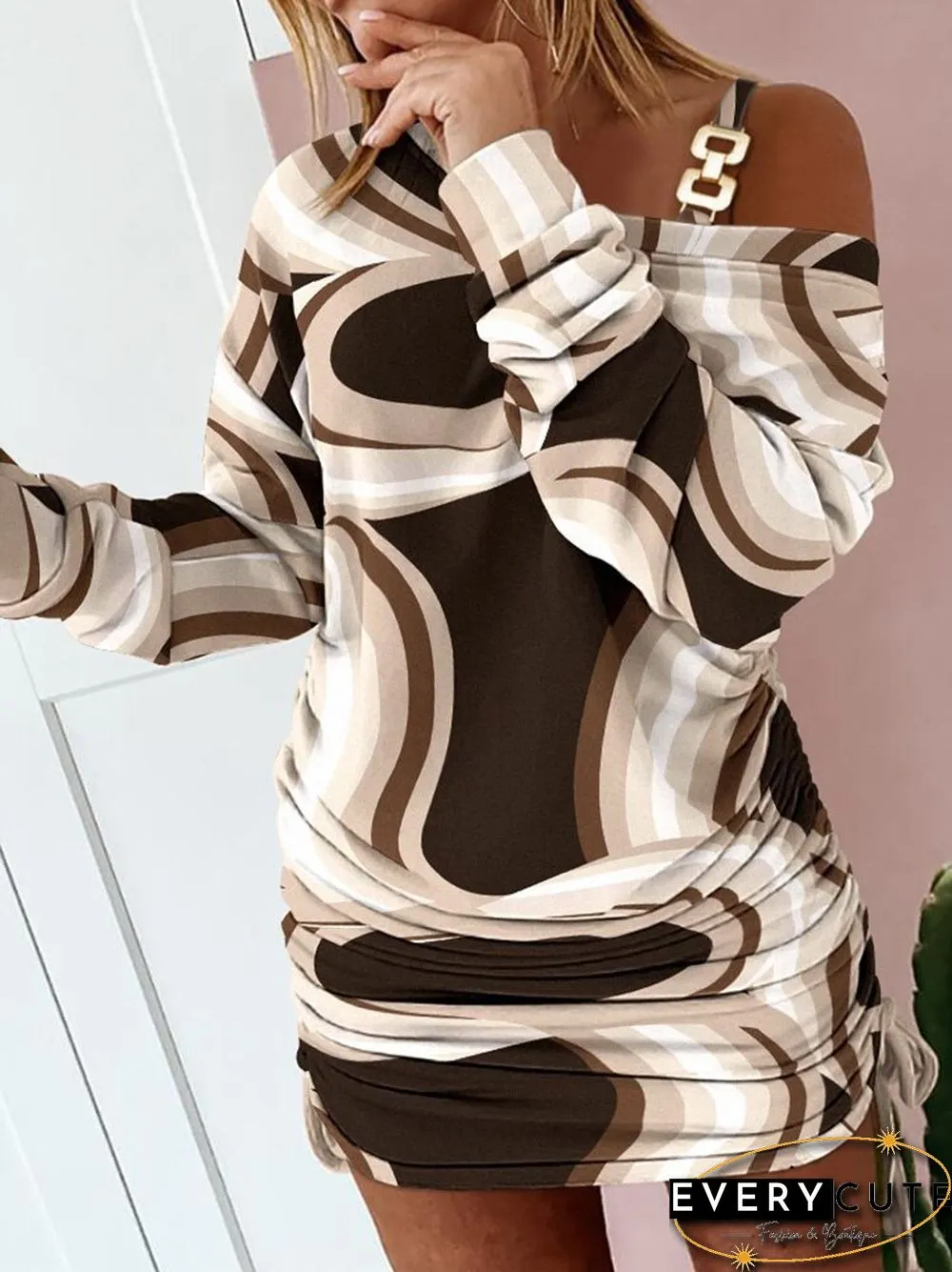 Fashion Pattern Print Drawstring Mini Dress Women Sexy Diagonal Collar Chain Pleated Party