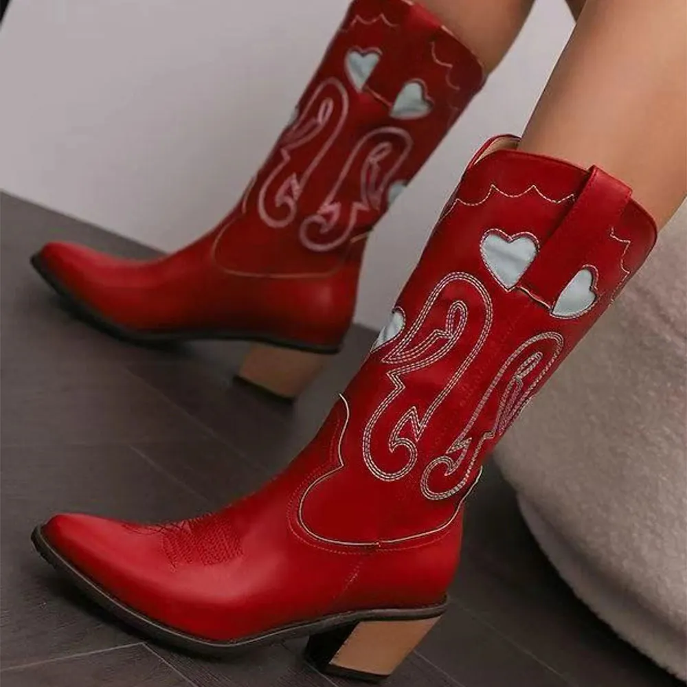 Red Faux Leather Embroidered Western Boots for Women with Heart Inlay