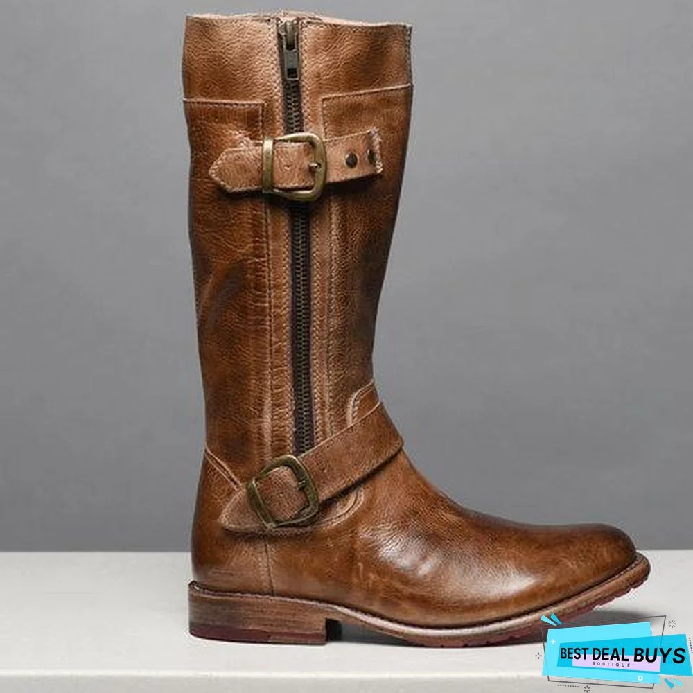 Comfort Side Zipper Boots Adjustable Buckle Low Heel Outdoor Boots