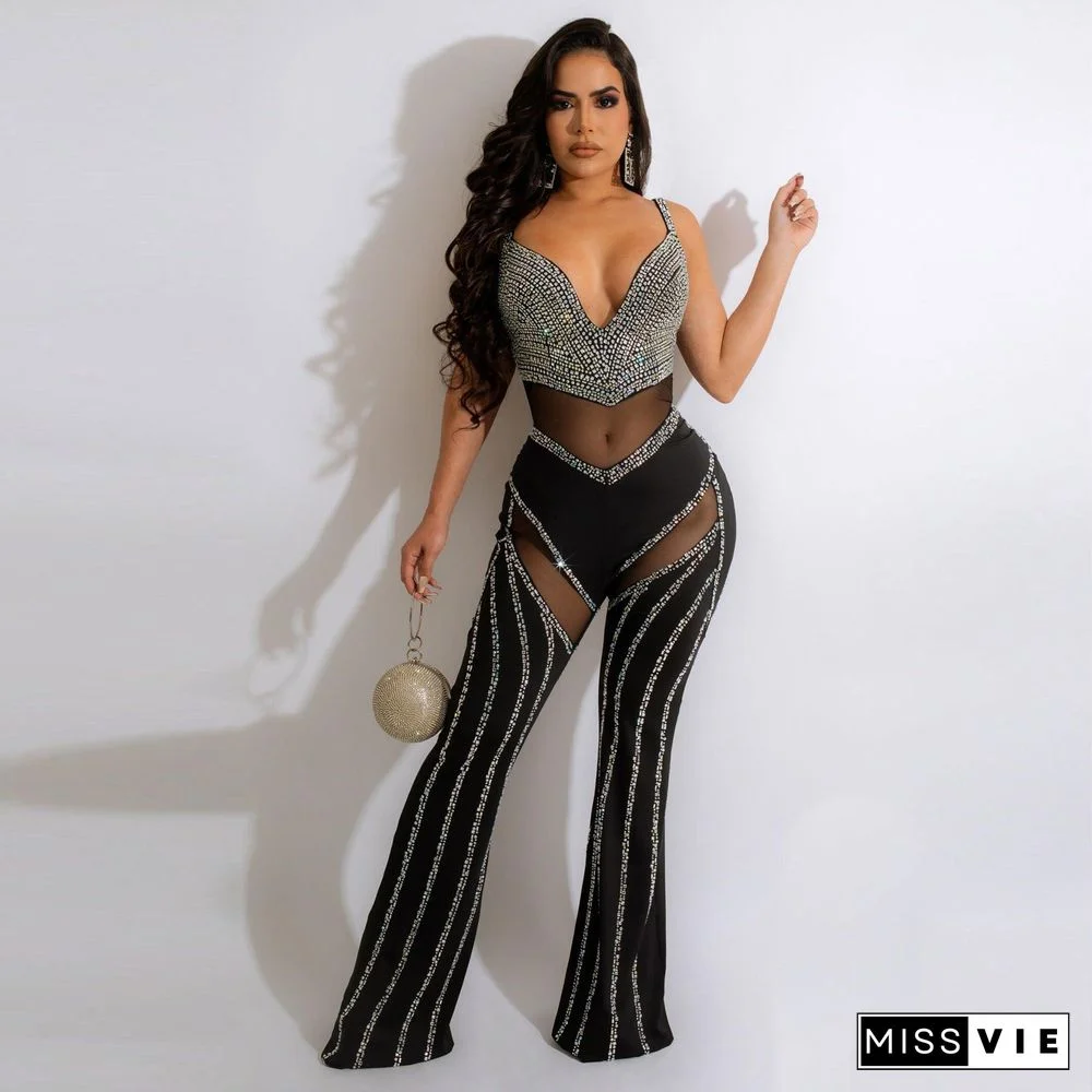 Deep V Backless Sling Hot Drilling Nightclub Jumpsuit