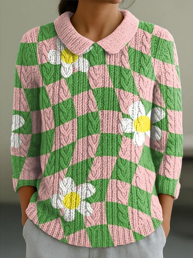 Women's Abstract Colorful Geometric Checkered Floral Painting Art Print Casual Peter Pan Collar 3/4 Sleeve Sweater