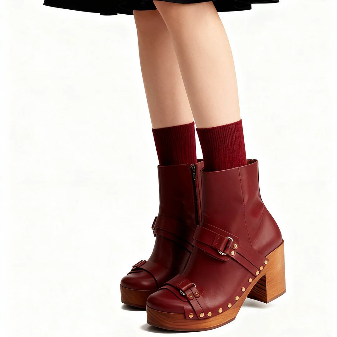 Women's Maroon Studded Round Toe Platform Heeled Booties with Zipper