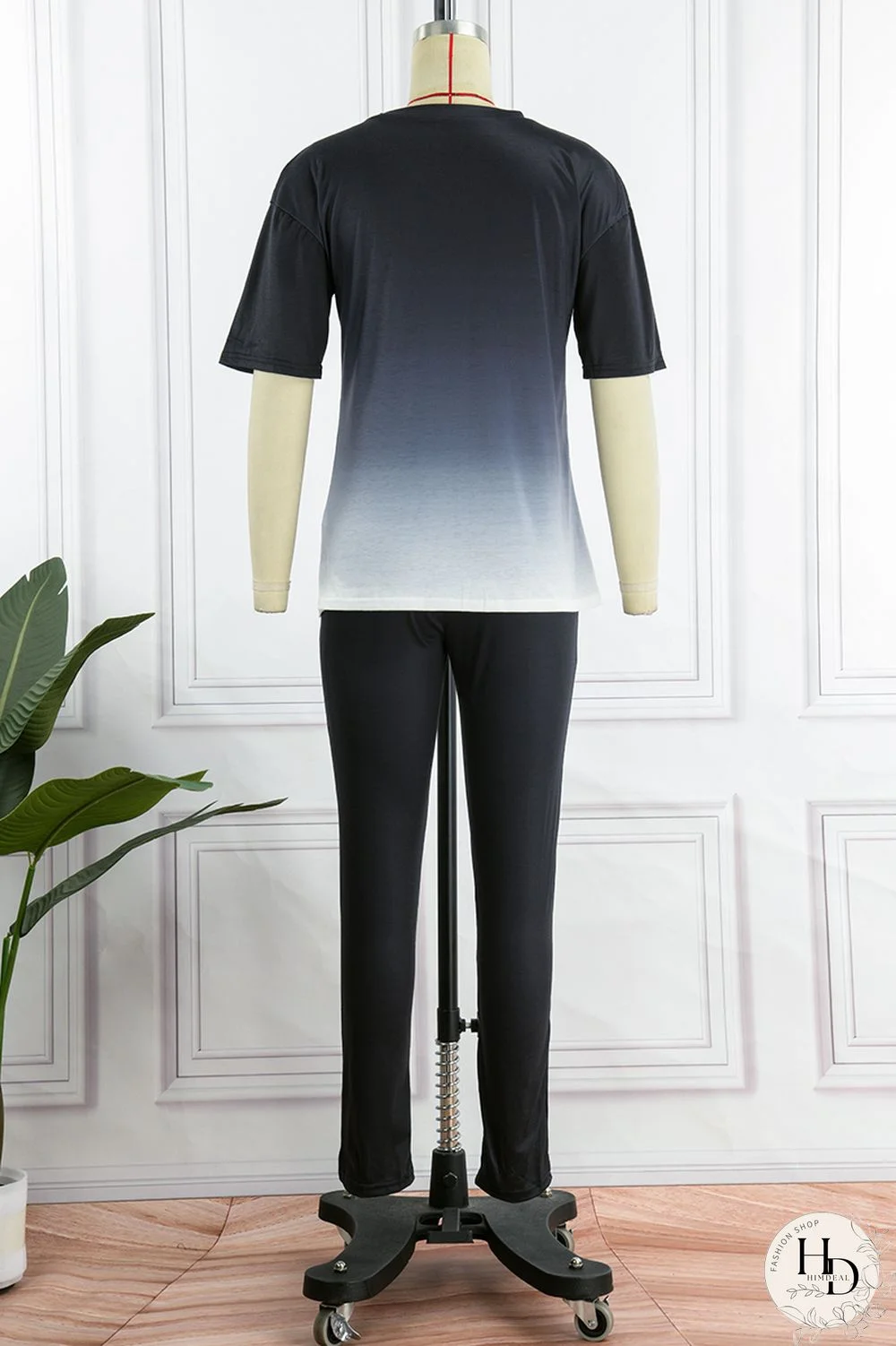 Black Casual Gradual Change Print Basic O Neck Short Sleeve Two Pieces