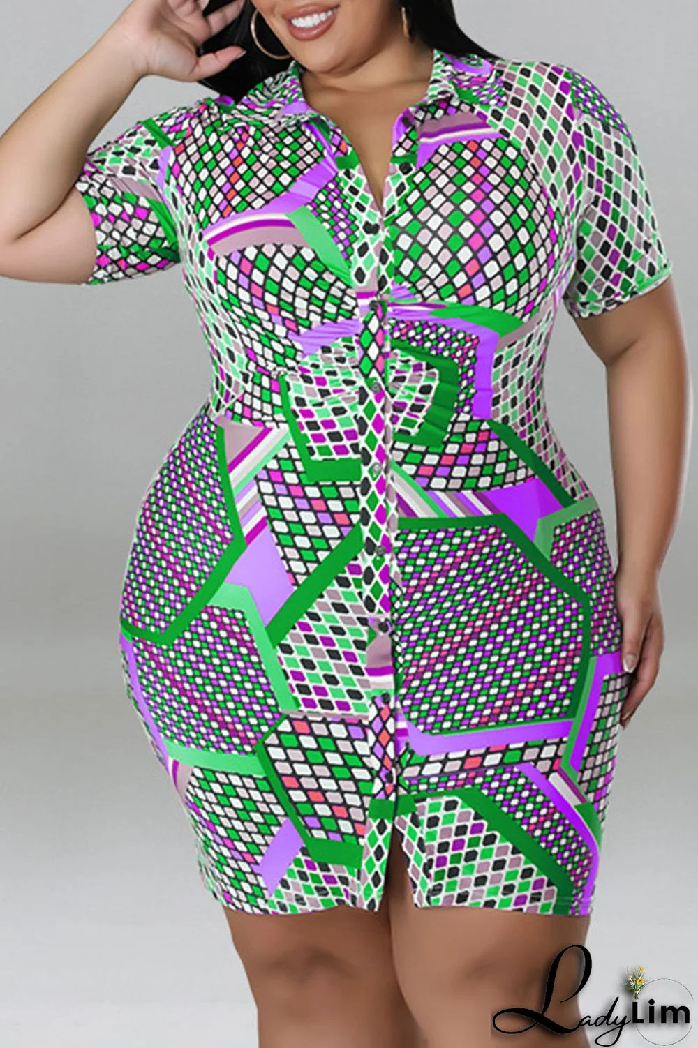 Blue Casual Print Patchwork Buckle Turndown Collar Shirt Dress Plus Size Dresses