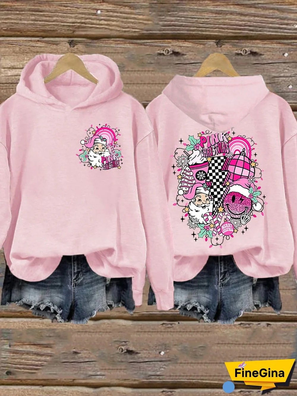 Women’s Merry Christmas Retro Pink Christmas Pink Santa Claus Printed Hoodie