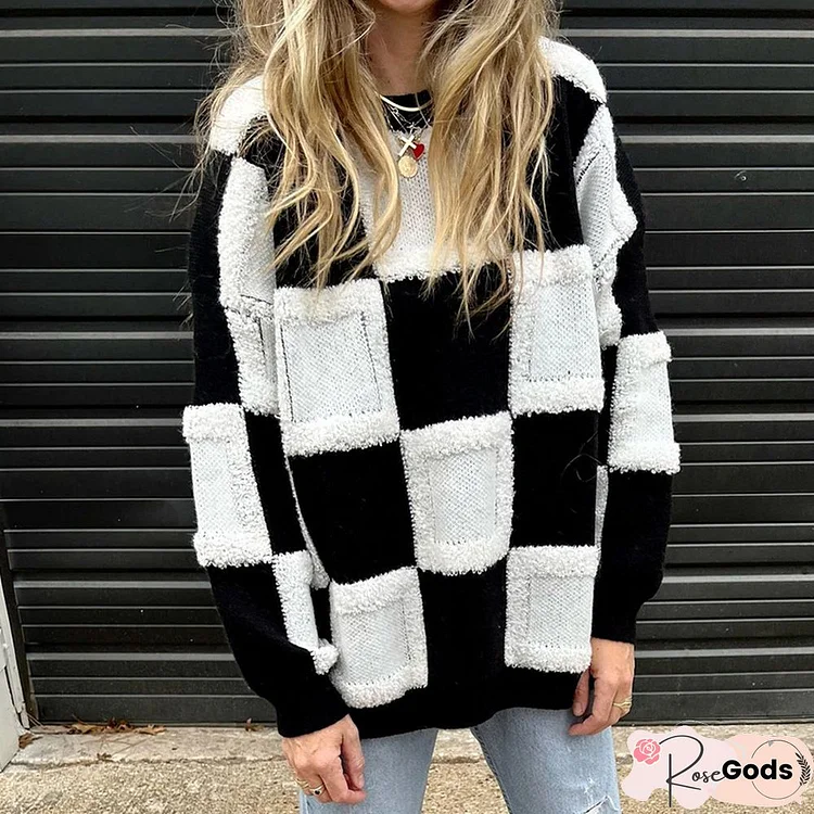 Women Elegant O-Neck Knitted Sweater Autumn Casual Long Sleeve Loose Sweater Top Winter Fashion Plaid Print Pullover Jumper