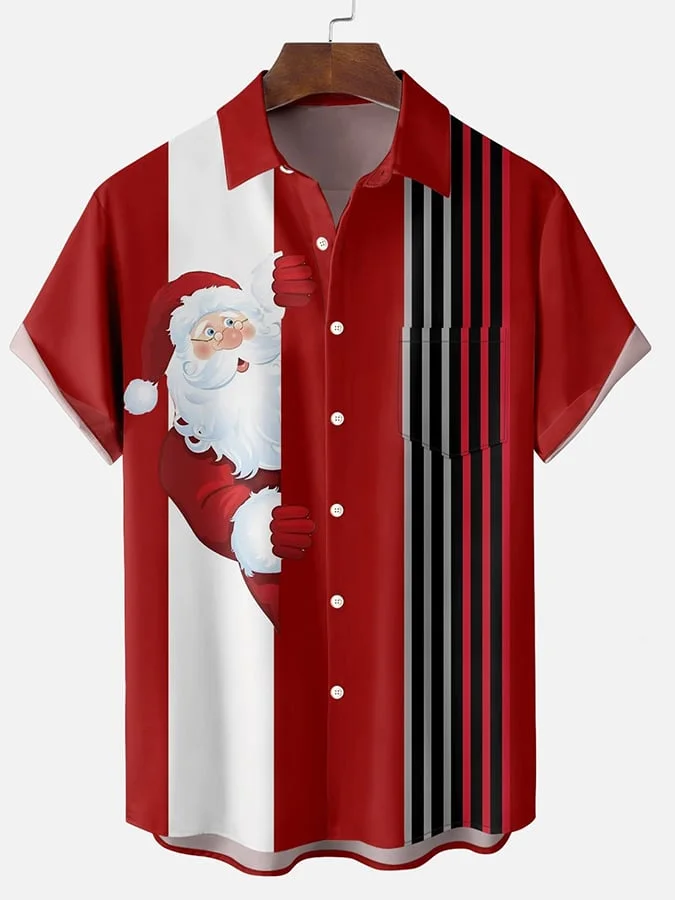 Men's Vintage Santa Claus Print Casual Shirt (with Pockets)