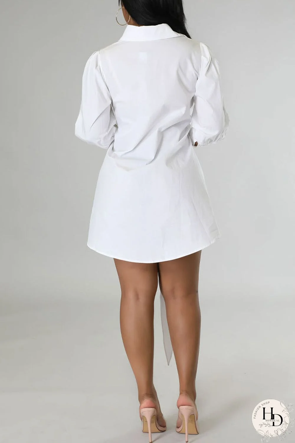 White Casual Solid Bandage Patchwork Buckle Turndown Collar Shirt Dress Dresses
