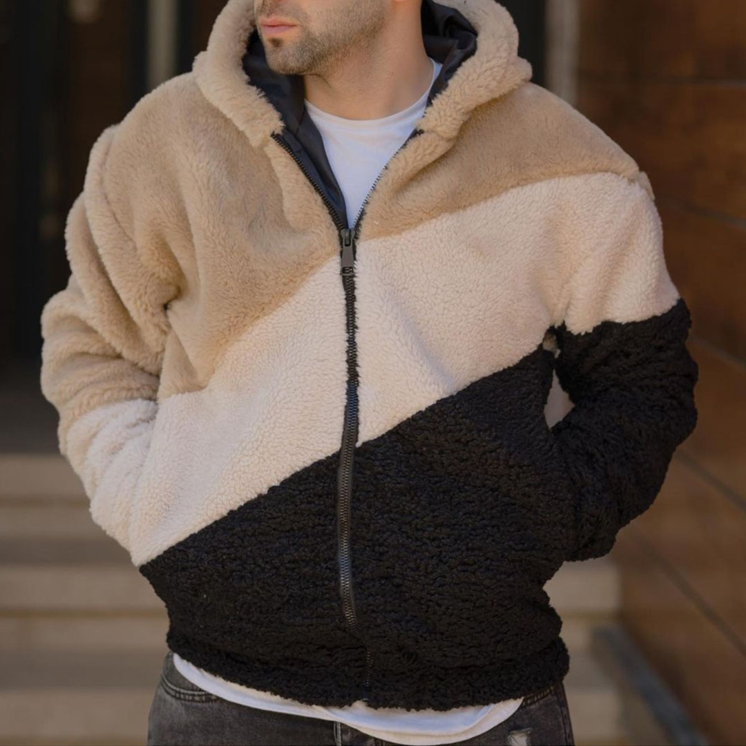 Men's Stitching Plush Hooded Jacket