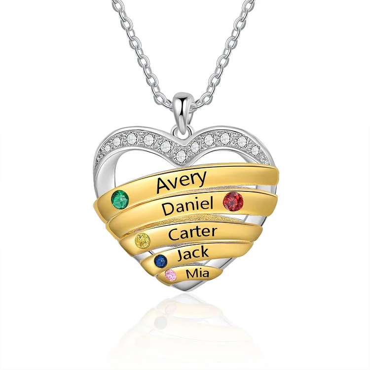 Personalized 5 Names & 5 Birthstones Necklace Custom Heart Pendant Women's Necklace Gifts for Her