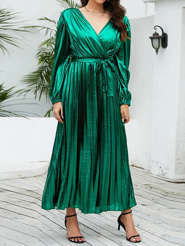 Bronzing Elasticity Pleated Solid Color Tied Waist High Waisted Long Sleeves Deep V-Neck Maxi Dresses