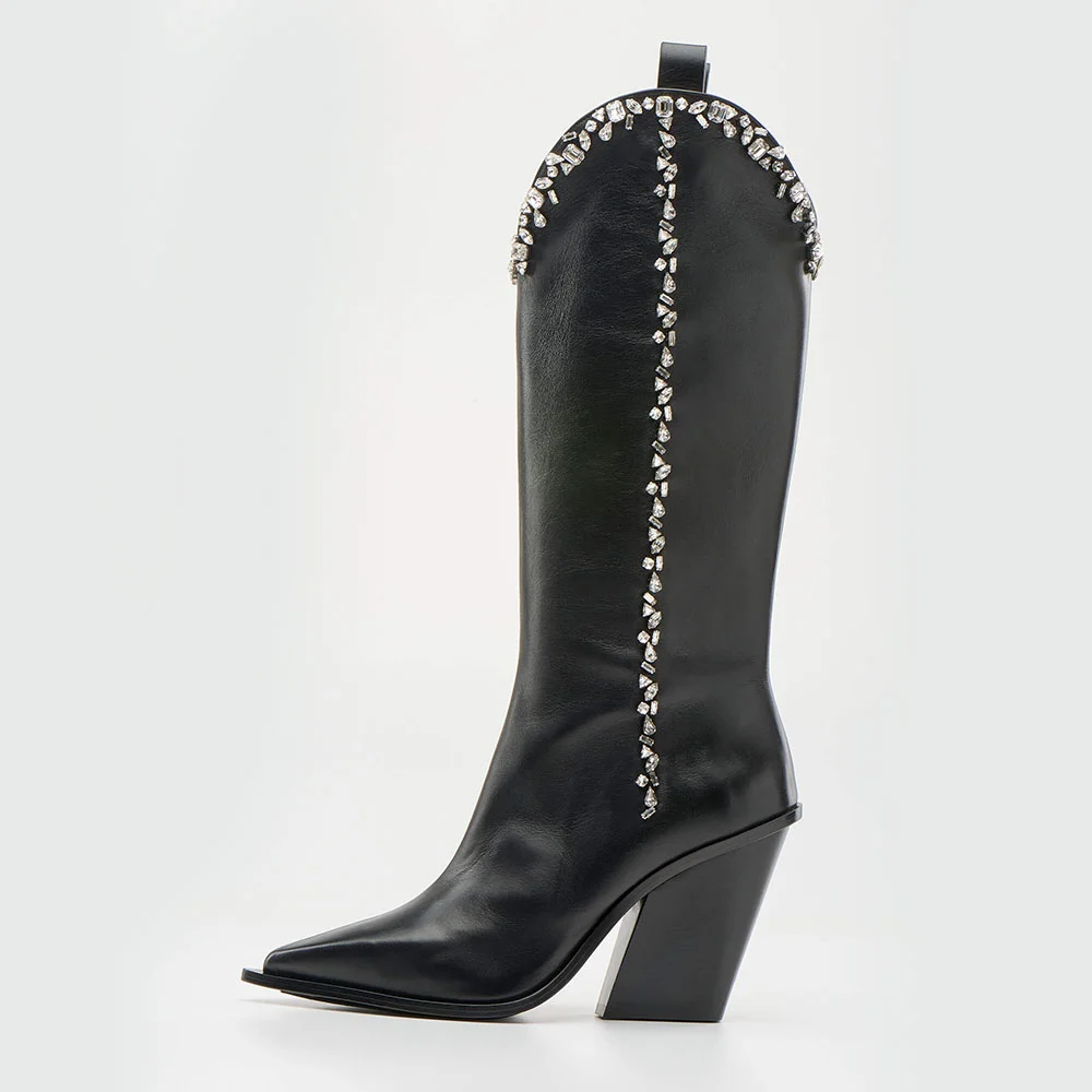 Black Pointed Toe Chunky Heel Knee High Cowgirl Boots with Rhinestone
