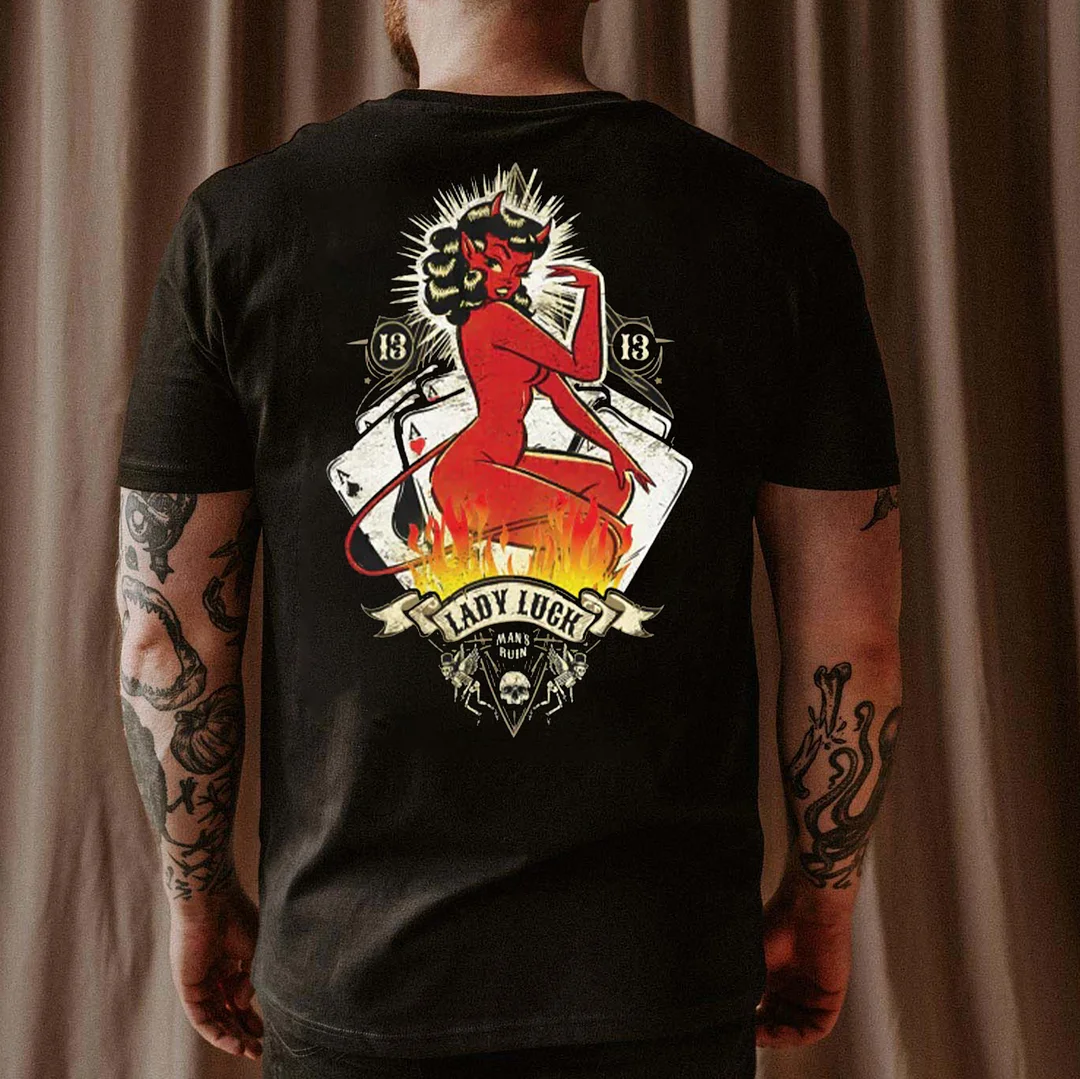 LADY LUCK Sexy Devil Lady&Poker Print Men's T-shirt