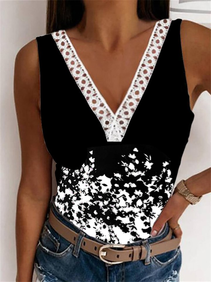 Women's Tank Top Black White Red Floral Lace Trims Print Sleeveless Casual Holiday Basic V Neck Regular Floral S -vasmok