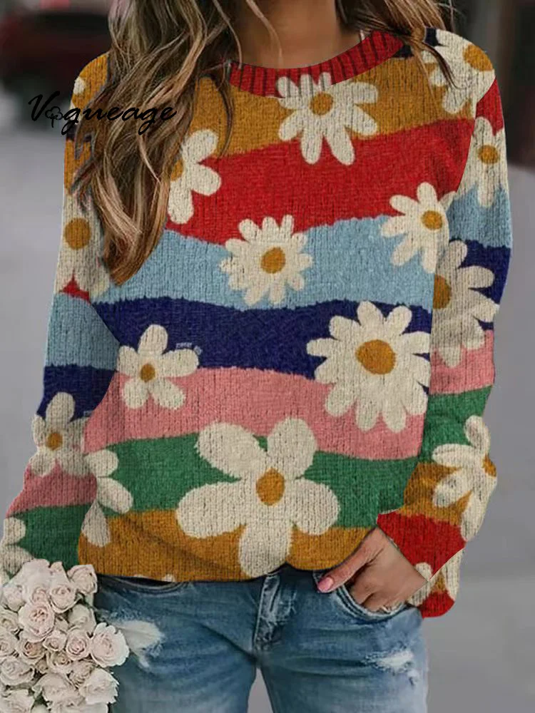 Casual Loose Fashion Long Sleeve Flower Digital Printing Pullover Round Neck Sweater