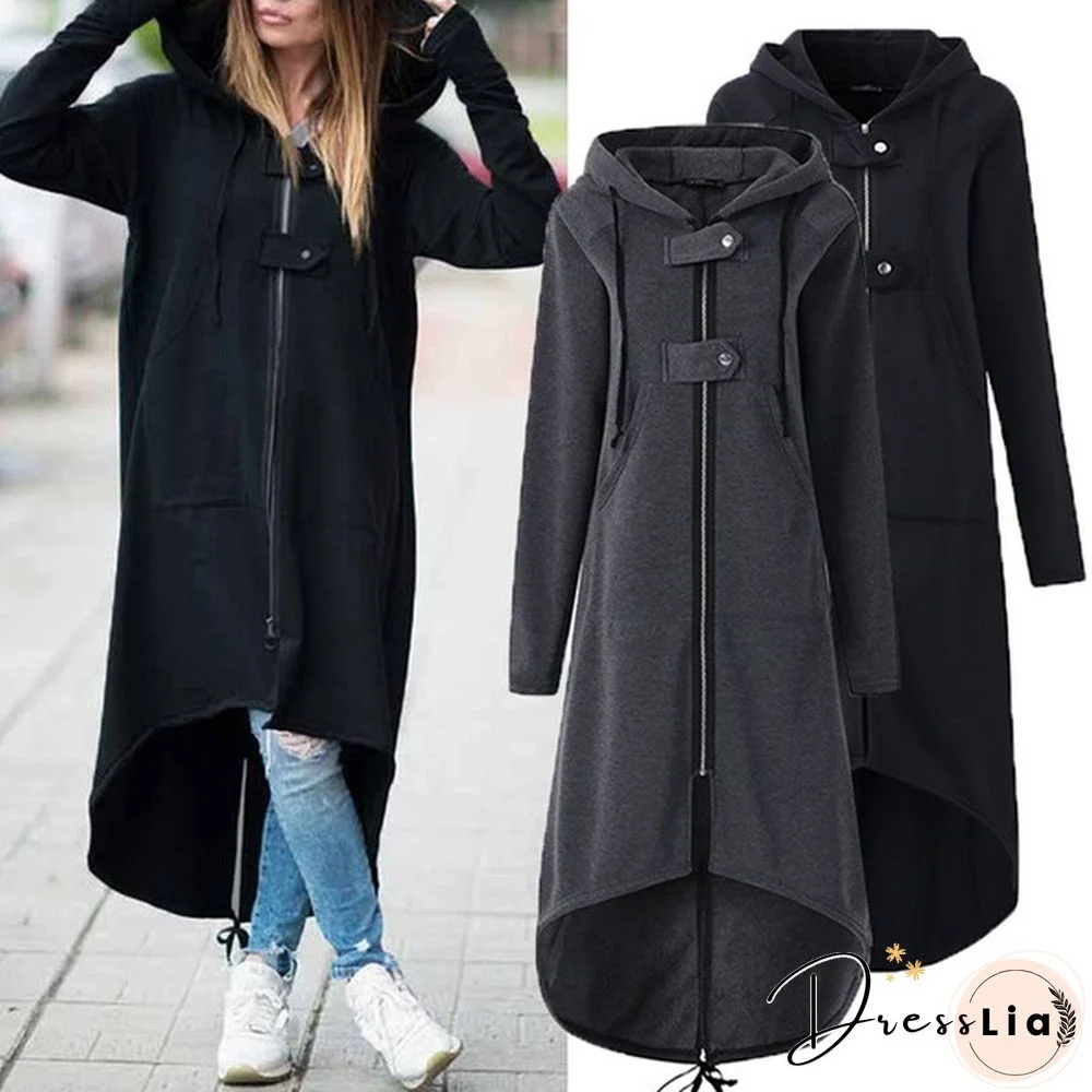 Oversize Women Hooded Long Sleeve Zip-up Asymmetric Hem Long Hoodie Coat Jacket Outwear