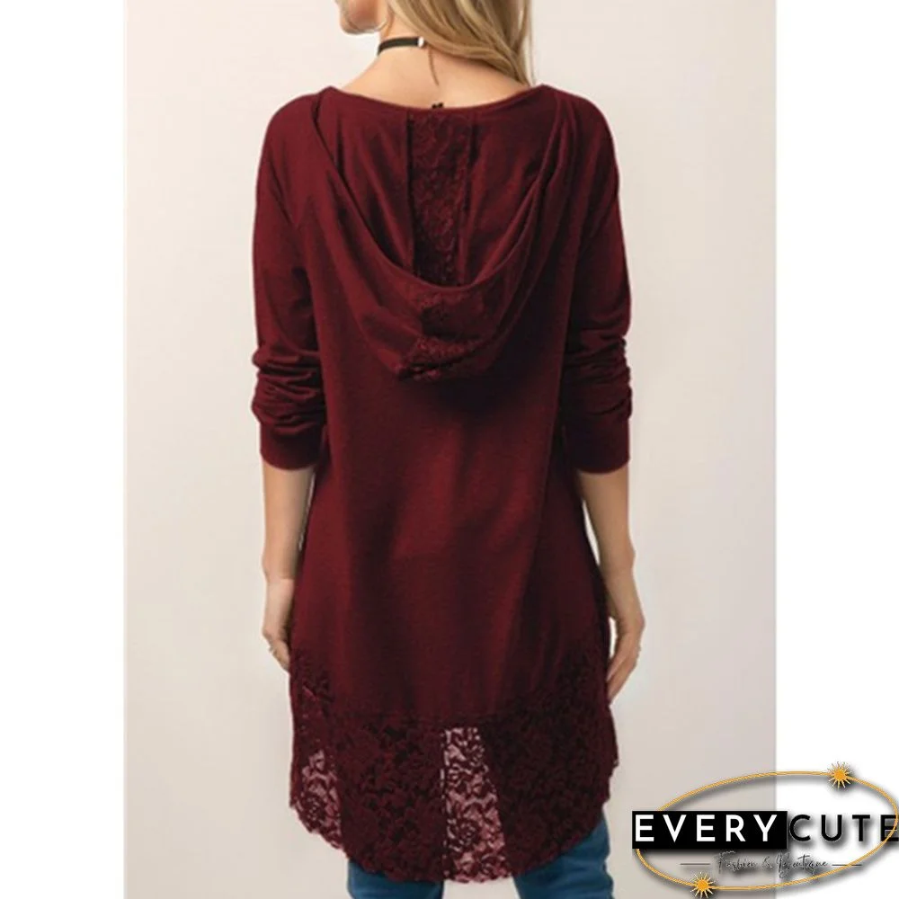 Women Fashion Solid Color Hoodies Long Sleeved T-shirt Autumn Lace Hooded Sweater Plus Size