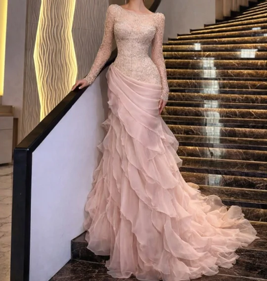 long sleeve pink evening dress A Line V Neck Long Sleeves Blush Pink Satin Prom Dress JTA6991 main image 1