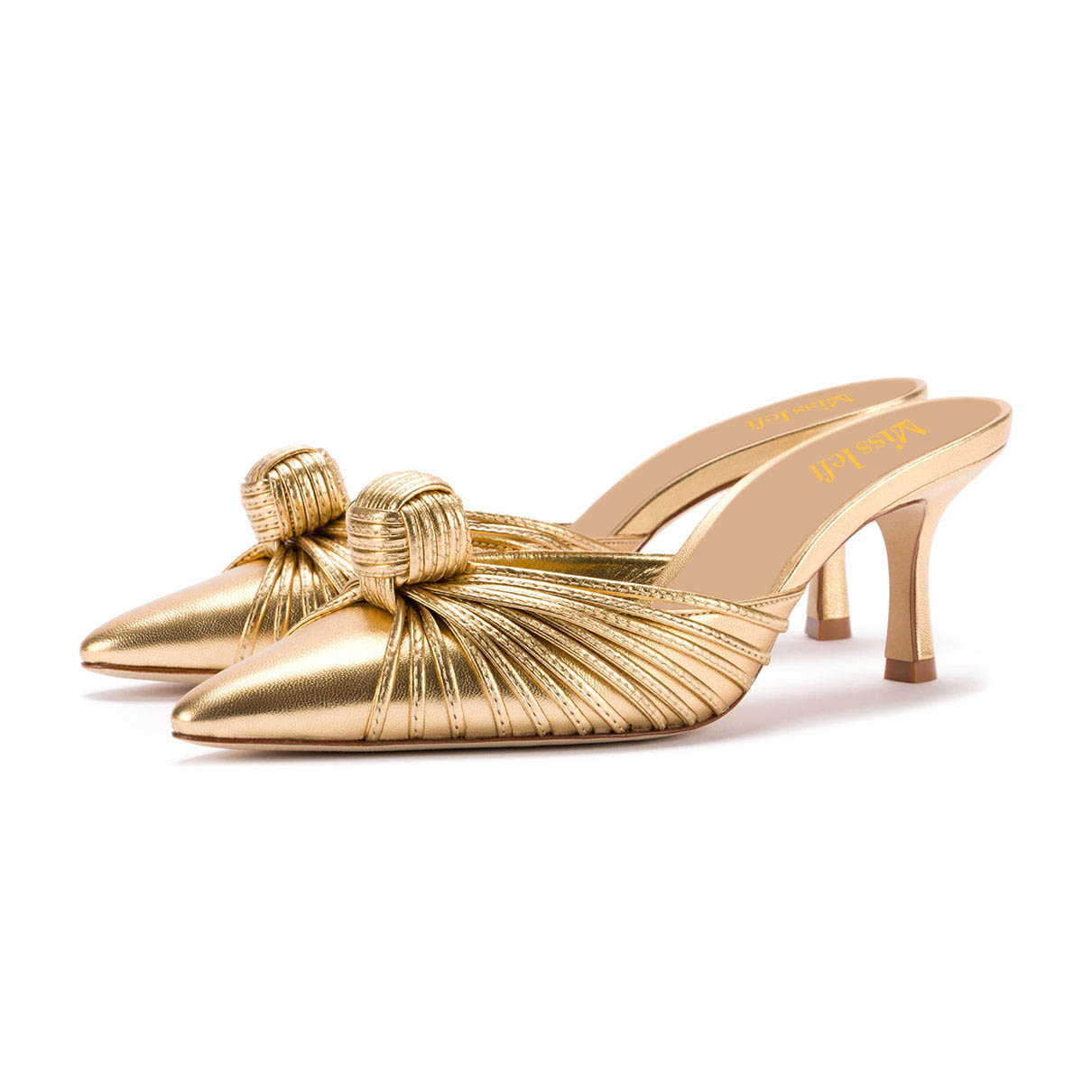 Gold Slip-On Knot Pointed Toe Mules for Women with Stiletto Heel Nicepairs