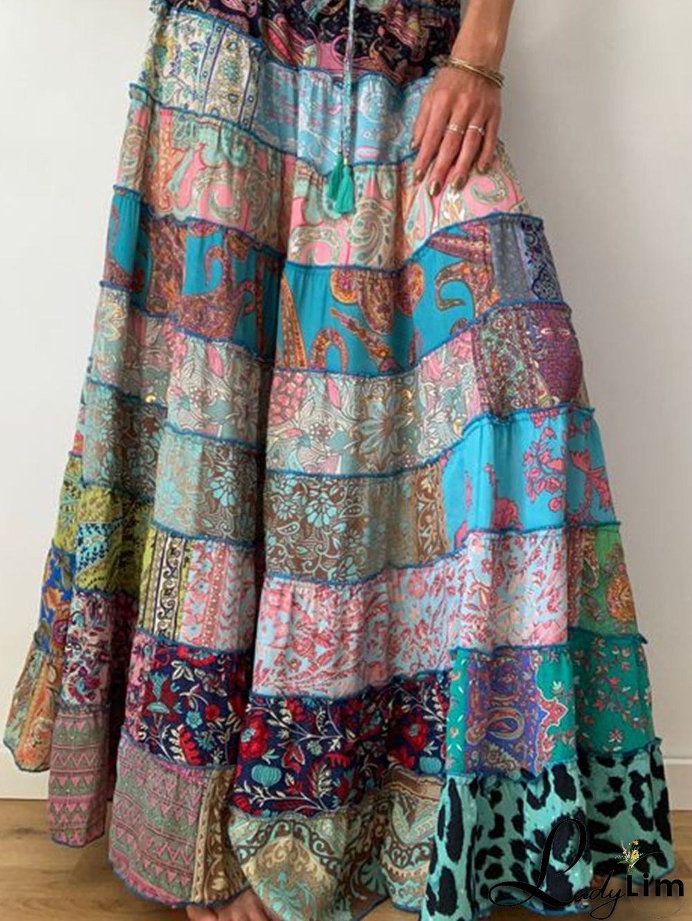 Bohemian Patchwork Elastic Waist Big Swing Maxi Tiered Skirt