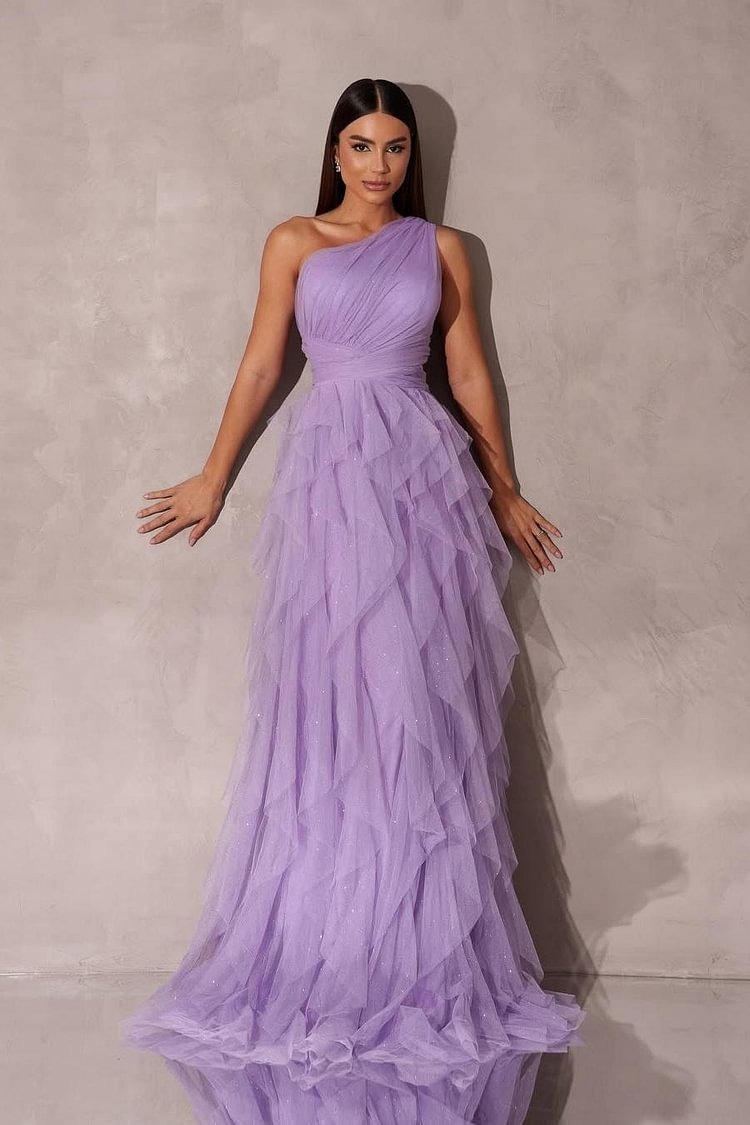 Vlandiya - Lilac One Shoulder A-Line Prom Dress Pleated Cascading Ruffle XJ0626