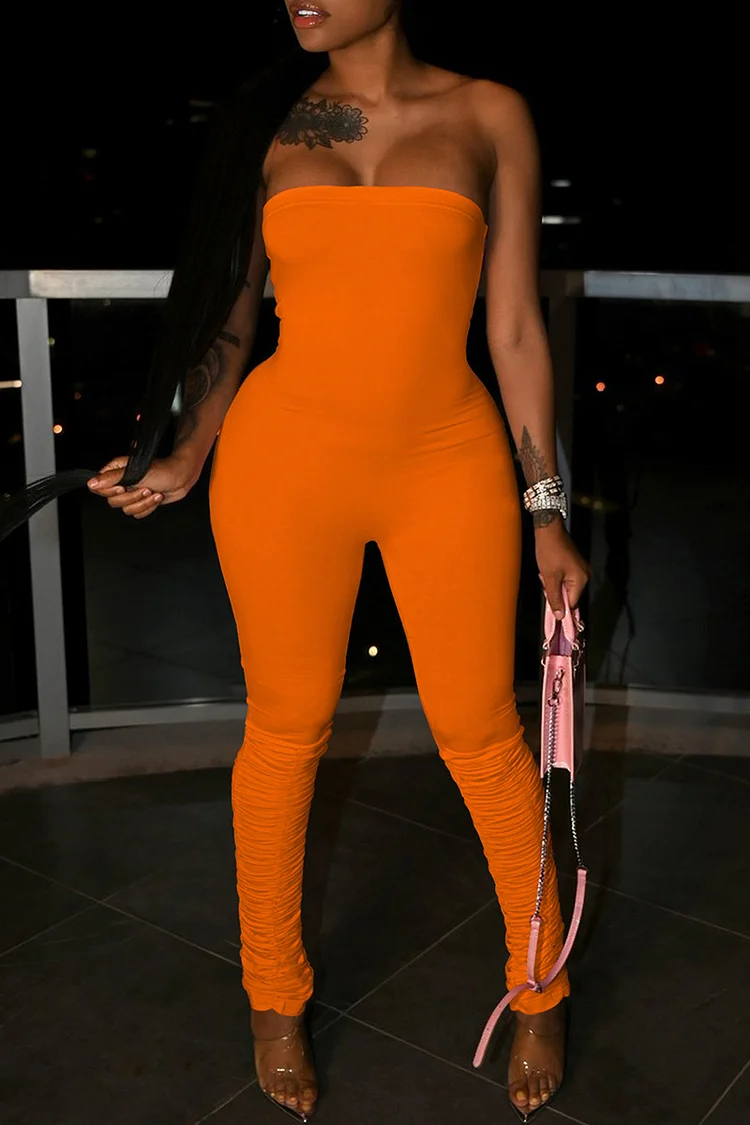 Orange Sexy Casual Solid Backless Strapless Skinny Jumpsuits