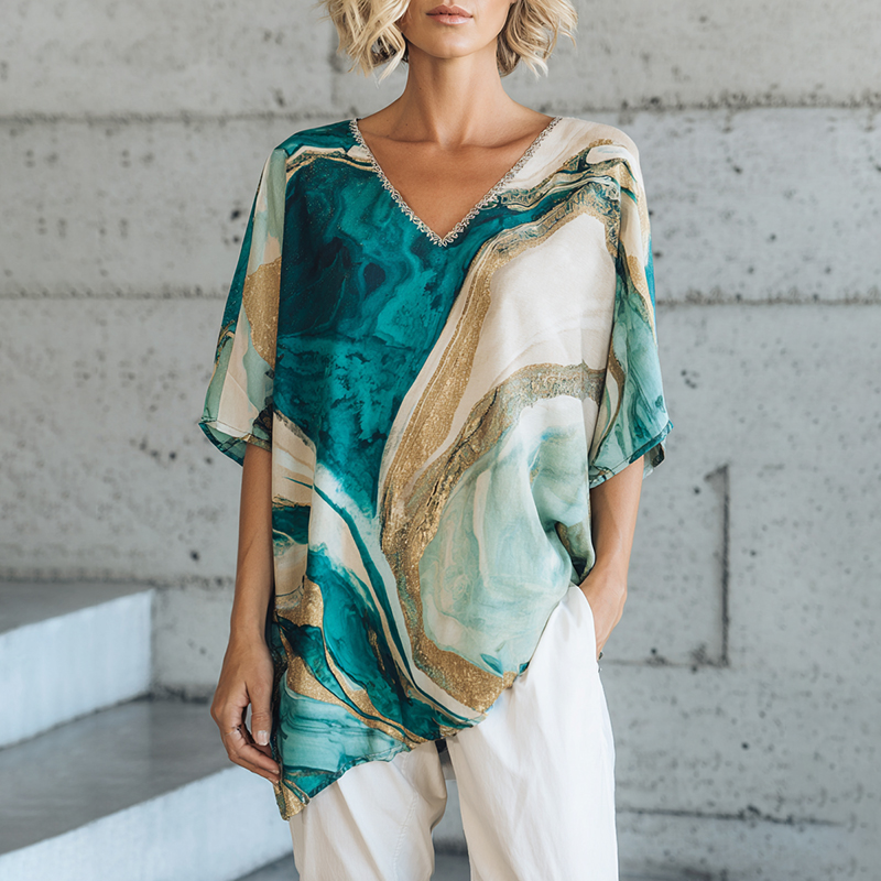 Comstylish Women's Vintage Marble Art Print Flowy Linen Blend V Neck Linen Tops