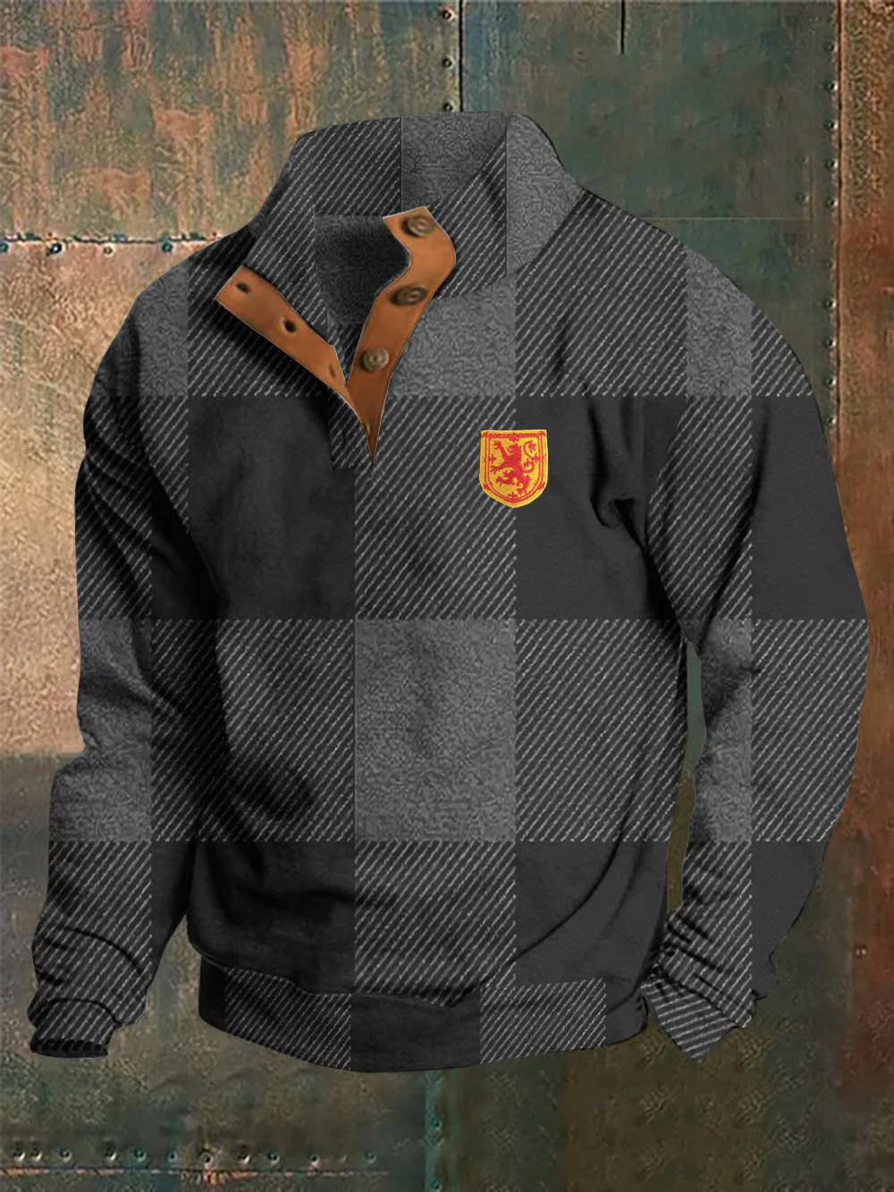 Vintage Scotland Badge With Buffalo Plaid Print Stand Collar Button-Up Sweatshirt
