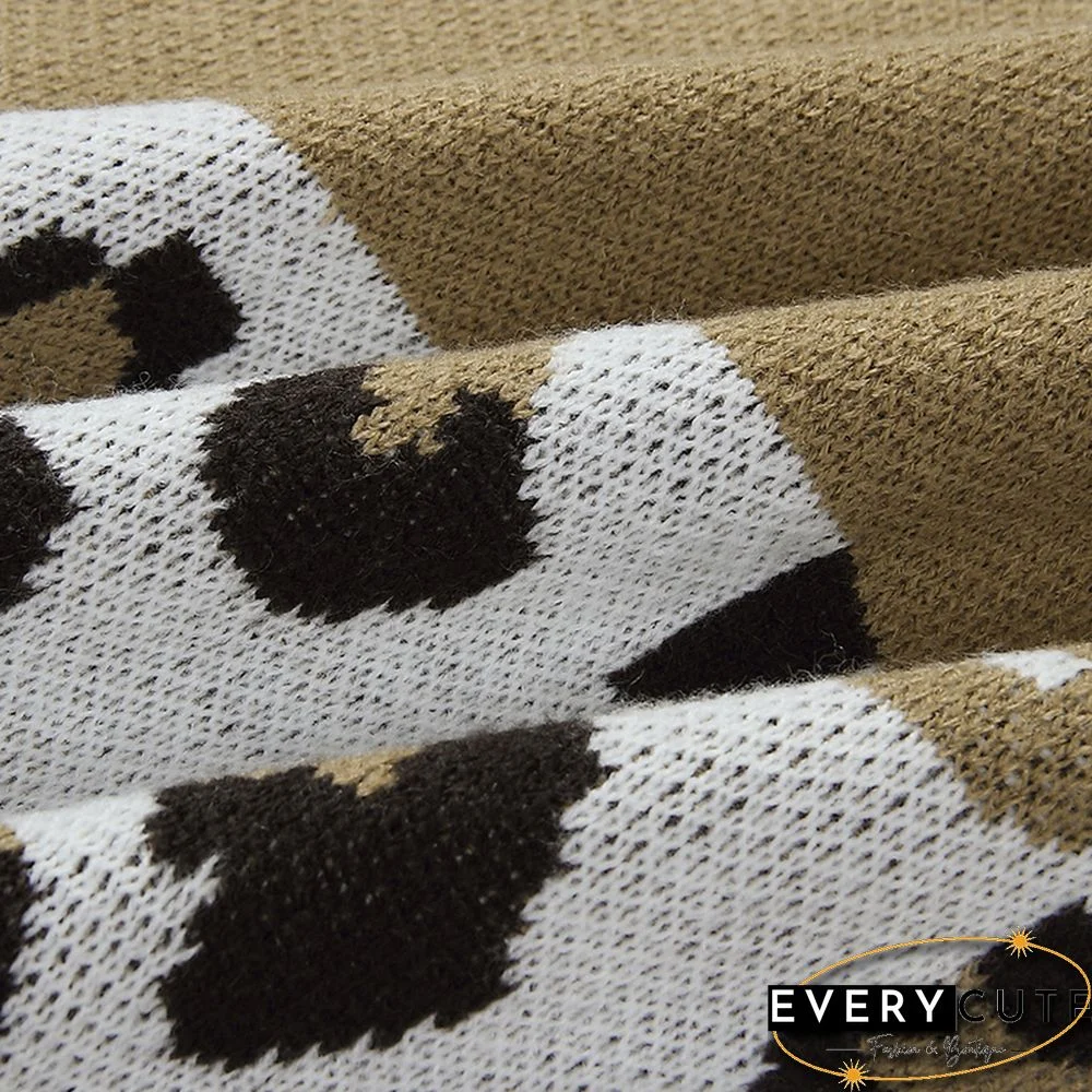 Khaki Splice Leopard Print Pullover Sweater